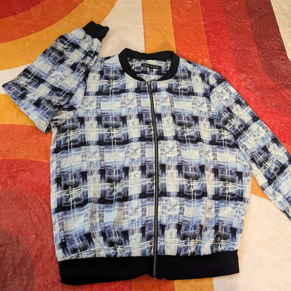 Como Black Bomber Jacket, Navy, Blue & White, Med Zip-Up, Plaid Lightweight